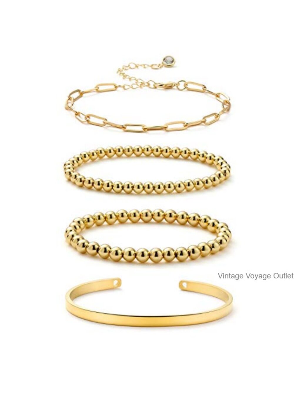 18K Gold Plated Copper Beaded Stretch Bracelet Set Cuff Bangle Jewelry Gift